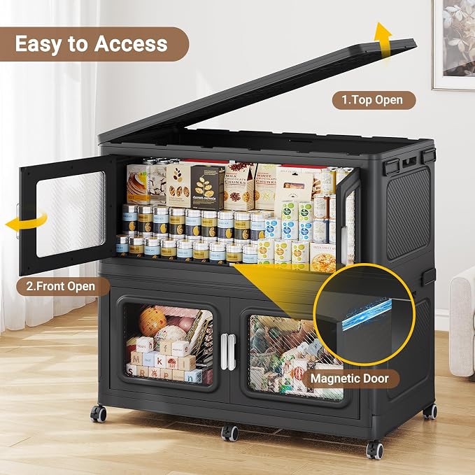 BROVIEW 880 Qt/220 Gal Stackable Storage Bins with Lids, 4 Pack, Black | Large Stackable Storage Boxes w/ 4 Lid Folding Plastic Cart Organizer for Home Kitchen, Open Front Clear Door with Wheels - Image 8