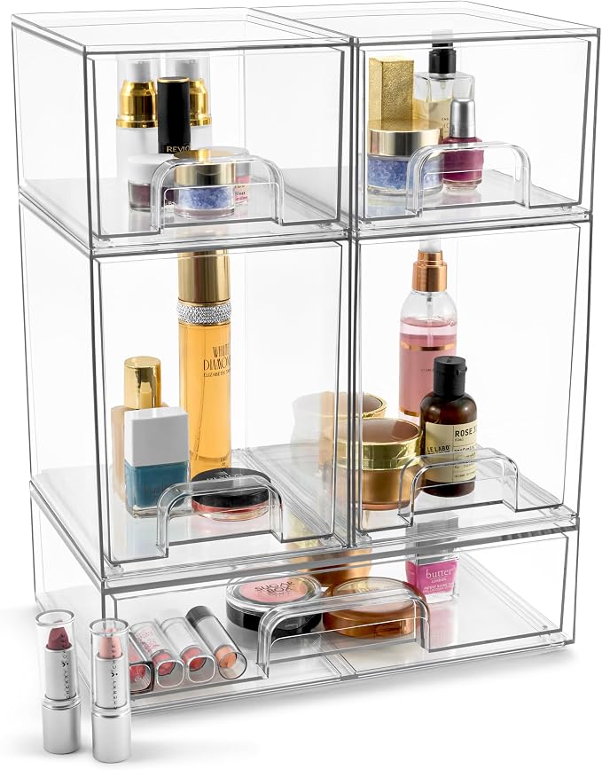 Sorbus Acrylic Storage Containers - 5 Pack, Stackable Storage Bins Set for Bathroom Organization - Clear Acrylic Drawer Organizers - Makeup Case Pull-Out Drawers (7.6’’ and 4.4’’ Tall and 12.1’’ Wide) - Image 7