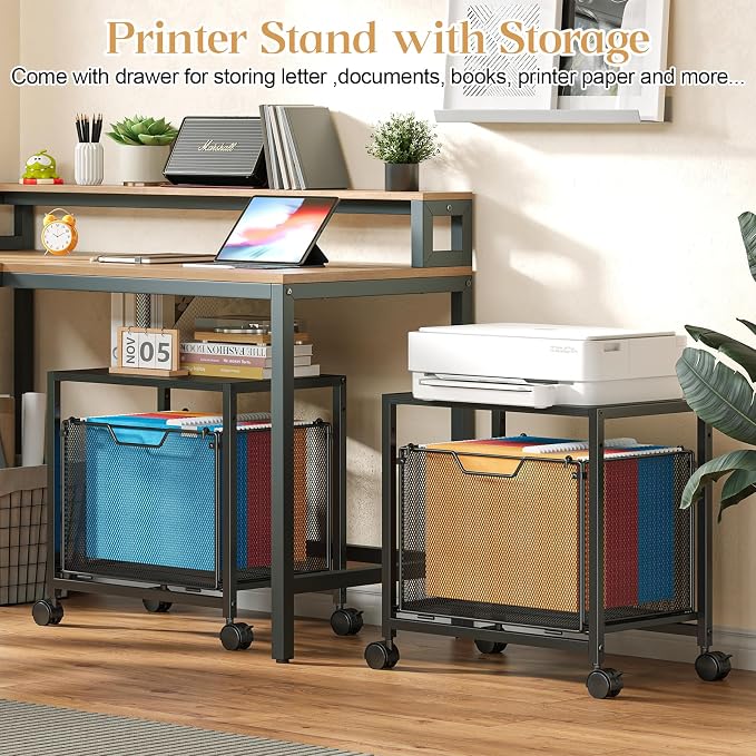 JKsmart Under Desk Storage, Printer Stand with Drawer, Rolling File Cabinet with Adjustable Table Top, 2 Tier Industrial Shelf on Fixed Feet Wheels, Sofa Side Table Organizer for Home, Office, Black - Image 8