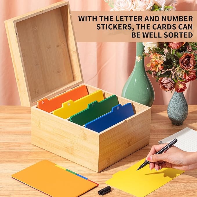 5 x 8 Inch Index Card Holder Set, Bamboo Organizer Box with 50 Dividers & 2 Sheets Alphabet Number Stickers File Note Holders, Holds 1200 Cards for Office Business Home Kitchen, Wooden Color - Image 6