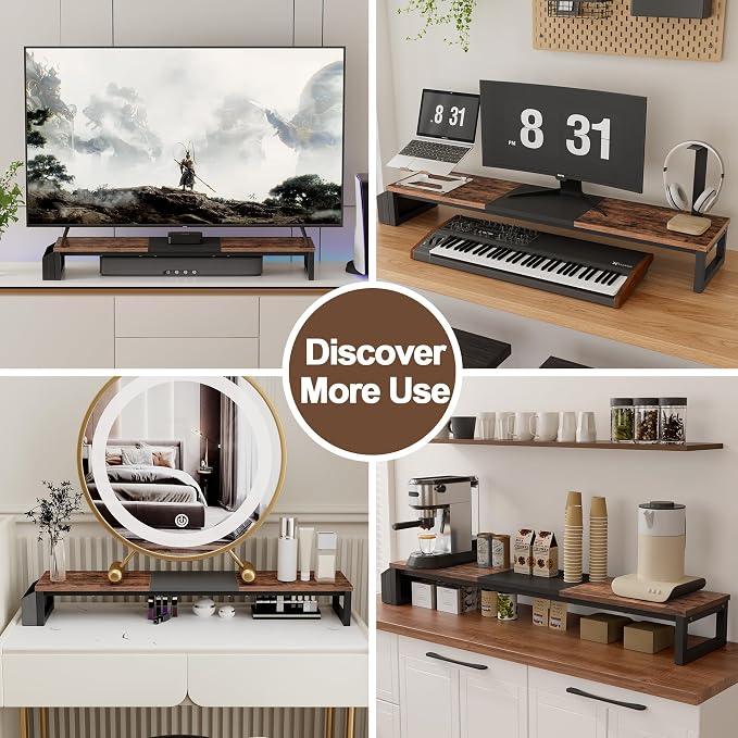 LAND·VOI Dual Monitor Stand Riser,41.5'' Long Monitor Stand for 2 Monitors, Wood Computer Riser with Pocket, Desktop Oraganizer with Pen Holder, Monitor Riser for Desk Computer,Laptop,TV, Rustic Brown - Image 9