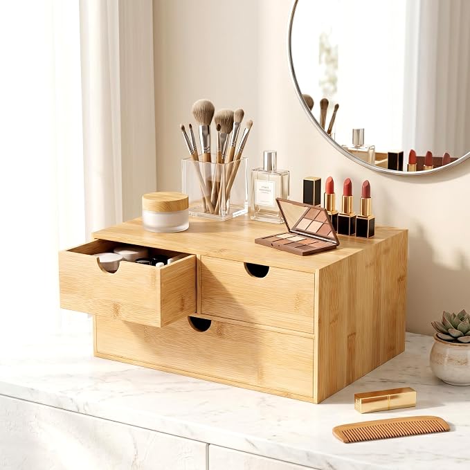 Bamboo Desk Organizer with Drawers, Desktop Storage for Office Supplies | 3 Drawers Desktop organizer, No Assembly Required, Natural Wood Wooden Desktop Drawers Box for Bills, Cosmetics, Seals, Paper - Image 7
