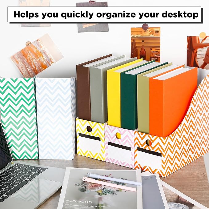 32 Pcs Magazine File Holder Set Including Colored Foldable Desk File Holder Organizer White Label Stickers Cat Pen Cardboard Magazine Storage Box for Document School Office(Solid,Striped) - Image 7
