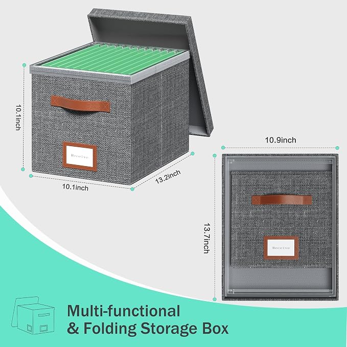 File Organizer Box with Lid File Box for Hanging Decorative File Organizer with One-Piece Integrated Plastic Slide Rail(Grey, 13.2x10.1x10.1inch(2pack)) - Image 7