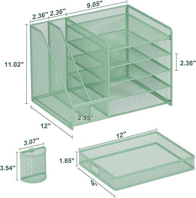Marbrasse Desk Organizer with File Holder, 5-Tier Paper Letter Tray Organizer with Drawer and 2 Pen Holder, Mesh Desktop Organizer and Storage with Magazine Holder for Office Supplies (Green) - Image 6