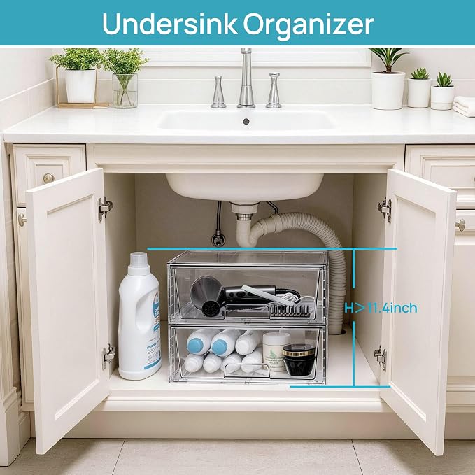 Vtopmart 3 Pack Large Clear Stackable Storage Drawers for Closet, Pantry | Easily Assemble Bathroom Closet Undersink Organizers,Plastic Bins for Cabinet,Kitchen Pantry,Medicine Organization - Image 7