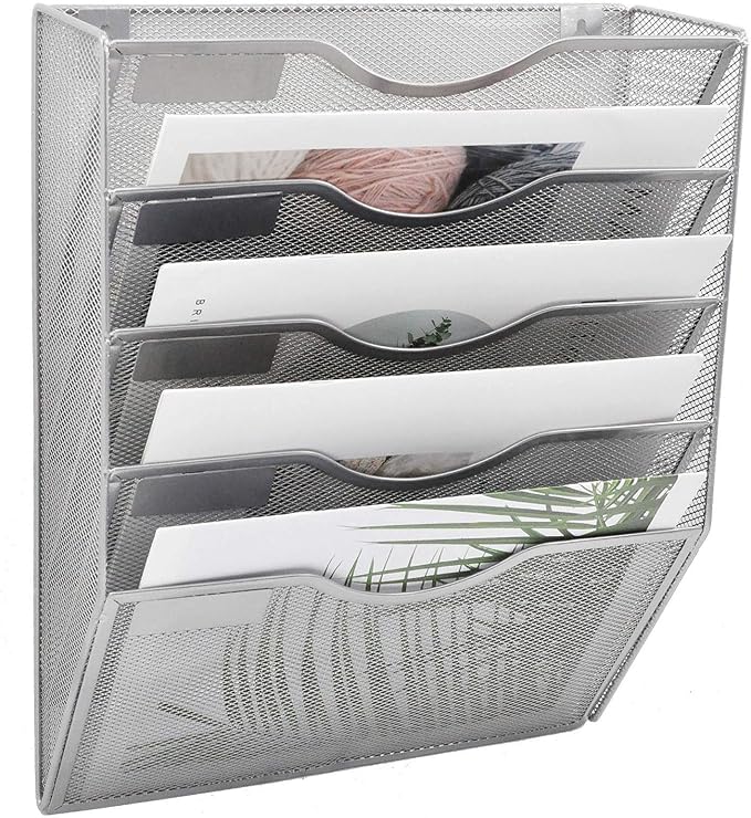 5 Pocket Mesh Hanging Wall File Organizer, Wall Mounted Mail Paper Document Folder Holder, Clipboard Storage Organization Magazine Rack with Nametag Label for Office Home School, Silver - Image 7