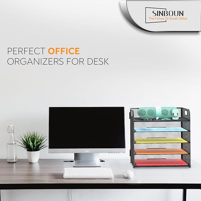 Letter Tray Paper Organizer 5-Tier Desk Organizer File Organizer Paper Holder with Handle, Metal Desktop Document Shelf Tray Office Classroom Organization - Black - Image 7