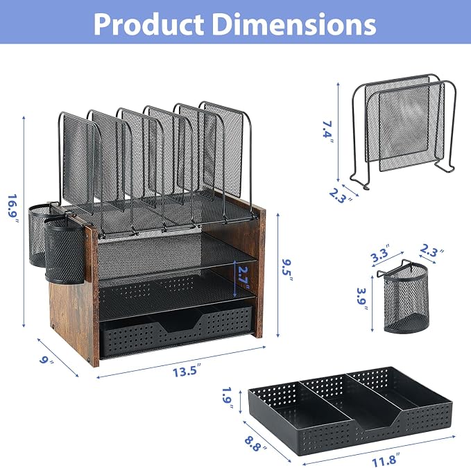 AUPSEN Desk Organizer with 5 Vertical File Holders, Storage Drawer & 2 Pen Holders, 5 Trays Paper Letter Tray Organizer, Mesh Desk Organizers and Accessories for Home Office (Vintage wood) - Image 7