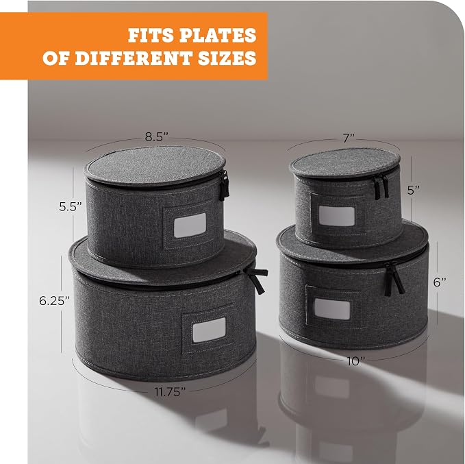 4-Piece China Plate Storage Set | Hard Shell Dividers | Gray | 4 Hard Shell Plate Cases - Dinner, Salad, Dessert & Saucer, 12 Plates Each, 48 Total. Felt Dividers, Stackable. - Image 7
