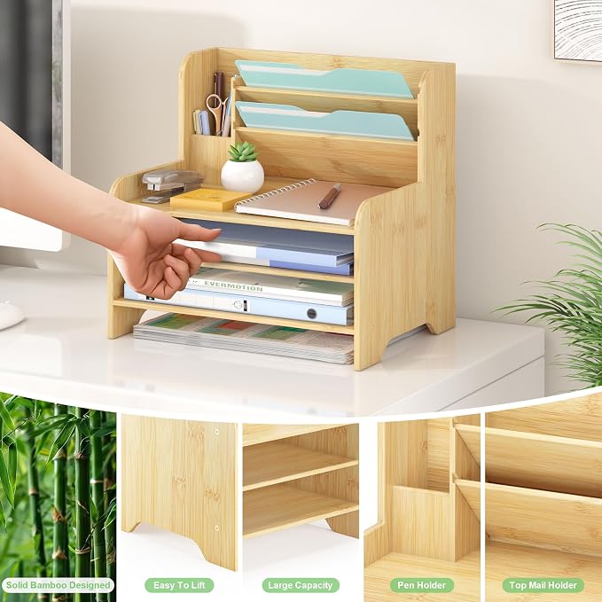 Bamboo File Organizer for Desk, Desktop Paper Tray and Mail Holder | Three open tiers keep A4/letter paper, folders, bills and mail sorted, visible and easy to reach while saving desk space - Image 7