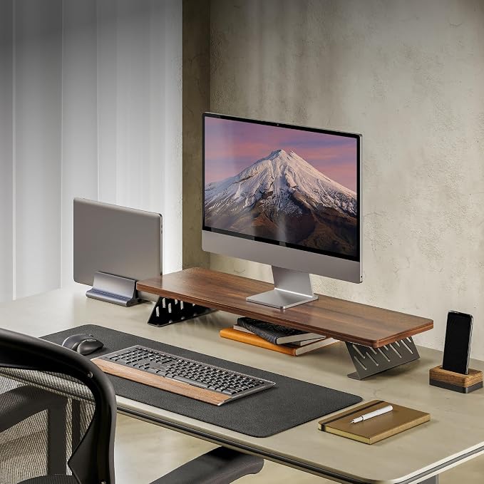 Fenge Monitor Stand Riser, Wooden & Metal Desk Shelf Organizer, Brown | 31.5in Computer Stand, Single Monitor Setup, for Compact Work Station, Multifunctional Monitor Shelf for Laptop, PC, Printer - Image 9