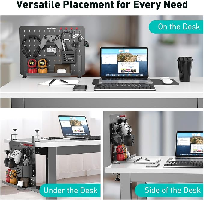 Clamp on Desk Pegboard 16.5"x12.6", Black Heavy Duty Steel Desktop Organizer with 4 Magnet Pins, No-Drill Metal Peg Board Mount for Office & Gaming, Horizontal/Vertical - Image 7