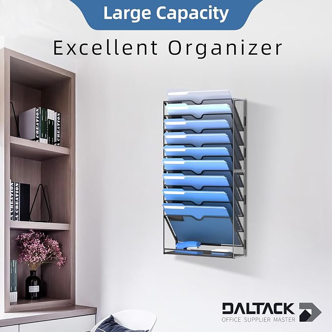 DALTACK Wall File Holder 10 Tier Hanging Wall File Organizer, for Papers Mails Folders Clipboard Magazine Organization for Office Home School Classroom, Mesh Metal, Assembly Needed, Black - Image 7