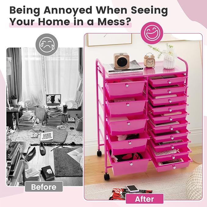 DORTALA 15-Drawer Rolling Storage Cart with Drawers, Rolling Utility Cart w/Removable Drawers & Universal Wheels, Tools Scrapbook Paper Organizer for School, Office, Home, Classroom (Hot Pink) - Image 8
