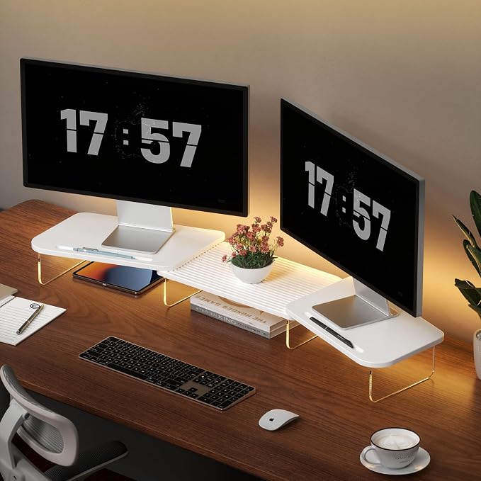AFOOYO LED Dual Monitor Stand Riser for 2 Monitors,Office Desktop Wooden Stand Adjustable Length and Angle 3 Shelf,Extra Long Multifunctional Stand up to 39.3" for Computer,Laptop,TV,White - Image 9