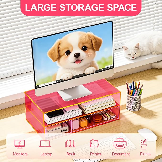 Gelite Acrylic Computer Monitor Stand for Desk Monitor Riser with Drawer Desktop Monitor Shelf with Storage, Neon Pink - Image 7