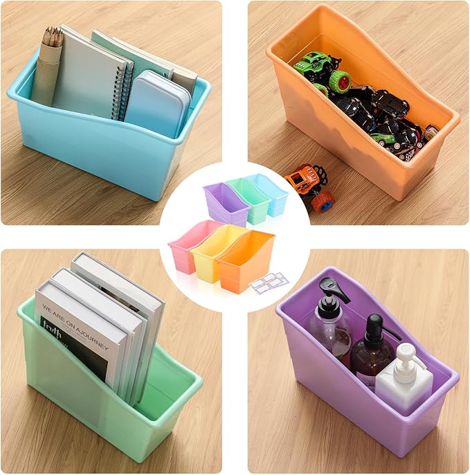 Blosssound 6 Set Book Bins for Classroom with Label Sticker Book Box Baskets Plastic Stackable Organizing Bins Storage & Organization for Classroom Library Home School Supplies (Pastel) - Image 7