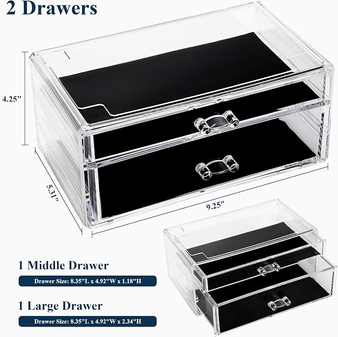 Sea Team Stackable Clear Acrylic Makeup Organizer with Drawers for Vanity | Cosmetic Display Case, Jewelry Storage Box with 1 Large and 1 Middle Drawers, Ideal for Dresser, Bathroom, Countertop - Image 6