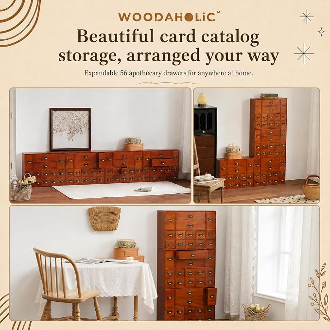 56-Drawer Apothecary Cabinet, Stackable & Modular Vintage Library Card Catalog Organizer, Solid Wood Storage Box with Brass Pulls & Label Holders for Trading Cards, Beads, Stickers & Hardware - Image 8