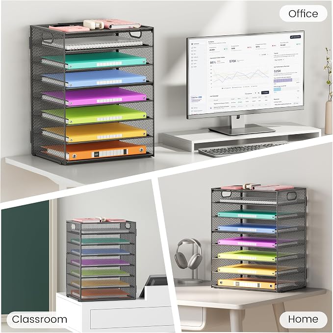 Lavatino 2 Pack 8-Tier Office Desk File Organizer, Letter Tray Paper Organizer with Handle, Including 5 Adjustable Slide Trays for Organizing Desk Workspace Accessories and Supplies (Grey Metal Mesh) - Image 7