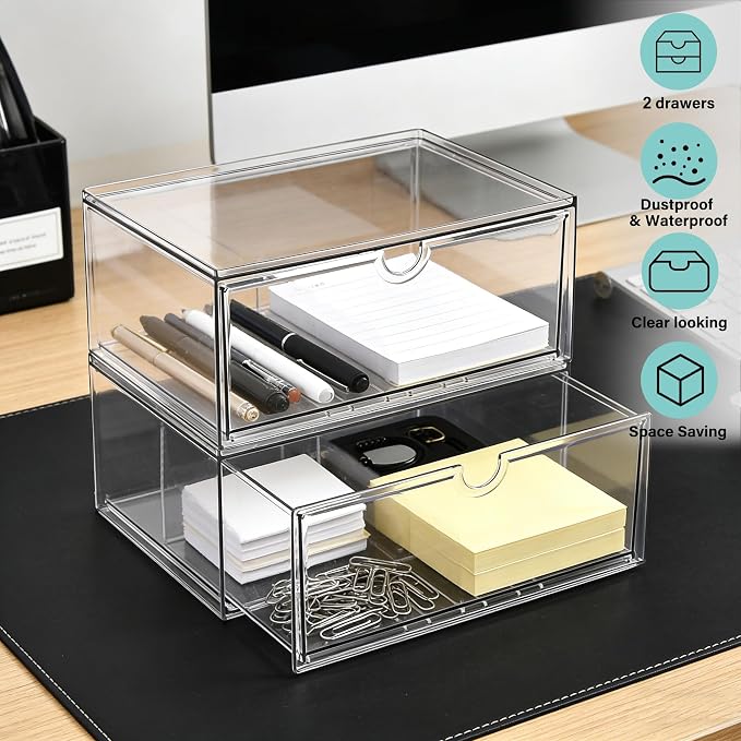 Prsildan Acrylic Makeup Organizer, 2 Pack Stackable Clear Storage Drawers for Baby Bottles Desk Organizers with 2 Drawers for Countertop Vanity Nursery Modular System for Cosmetics Jewelry - Image 7
