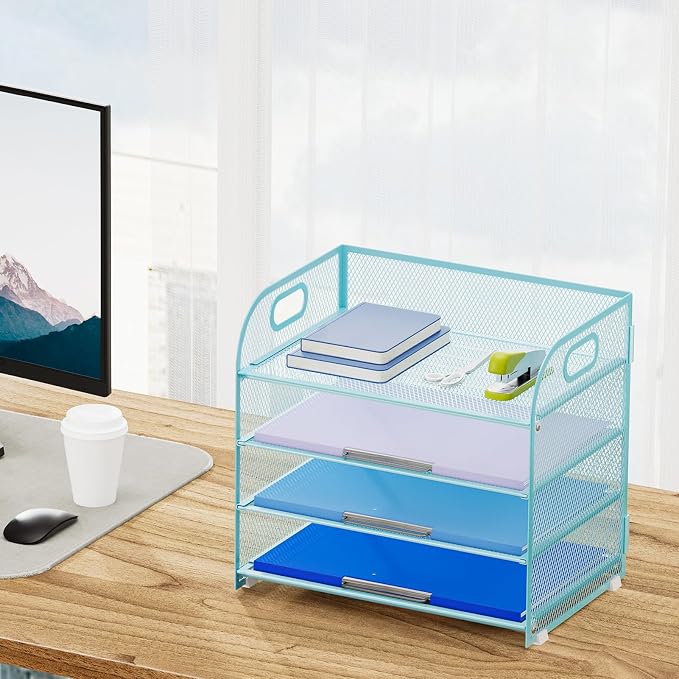 Marbrasse 4 Tier Paper Organizer Letter Tray - Mesh Desk File Organizer with Handle, Paper Sorter Organizer for Letter Office File Folder Holder (Blue, 12.6" x 9.1" x 10.7") - Image 6