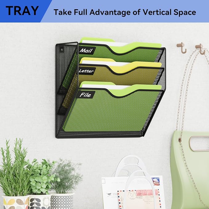 3 Pockets Hanging Wall File Organizer Mail Holder, Wall Mounted Paper Document Folder Holder, Clipboard Storage Organization Magazine Rack, Black - Image 7