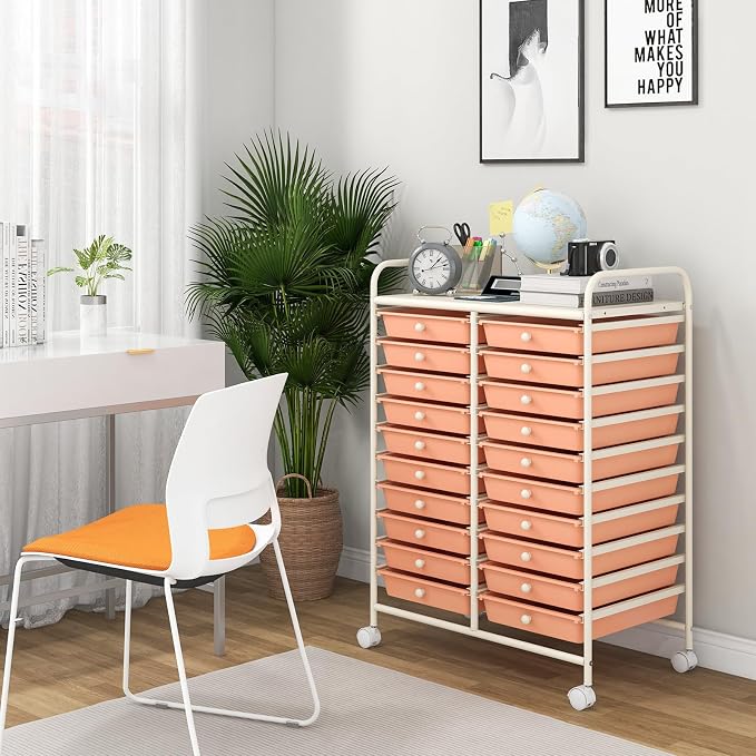 Giantex 20 Drawers Rolling Cart, Mobile Storage Drawer Cart, Classroom Organizer for Office School Supplies Tools Scrapbook Paper Craft Small Printer, Utility Stand on Wheels, Peach - Image 9