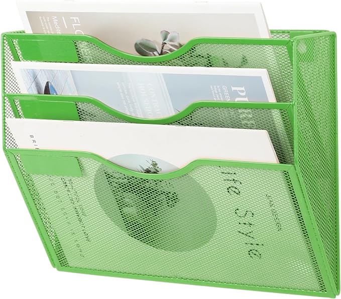 3 Pocket Mesh Hanging Wall File Organizer, Wall Mounted Mail Paper Document Folder Holder, Clipboard Storage Organization Magazine Rack with Nametag Label for Office Home School, Green - Image 7