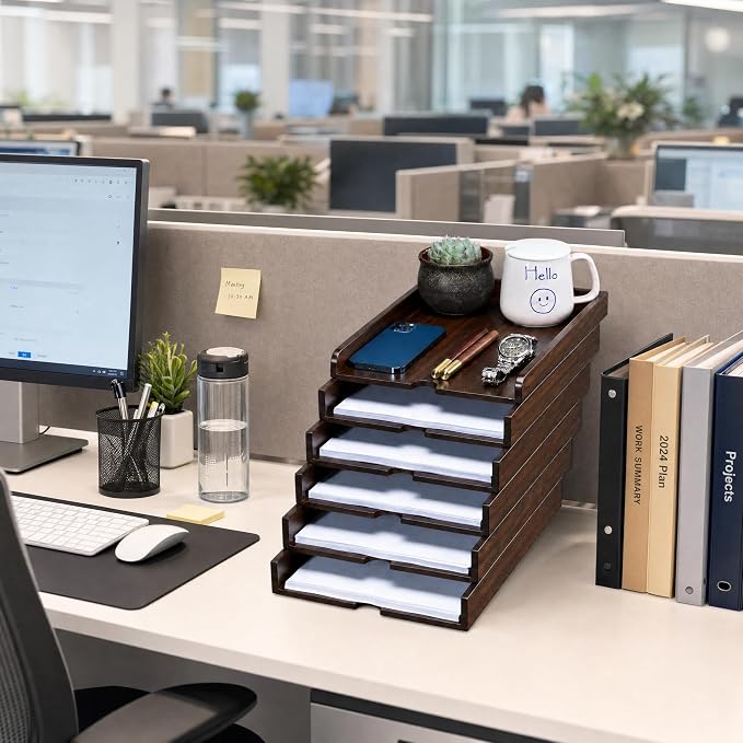 Solid Wood Letter Tray, 6-Tier Pull-Out Paper File & Desk Organizer, Walnut | Stackable Wooden Paper Organizer for A4, Mail & Folders, 5-in-1 Desktop Storage with Tablet Phone Stand for Home Office - Image 9
