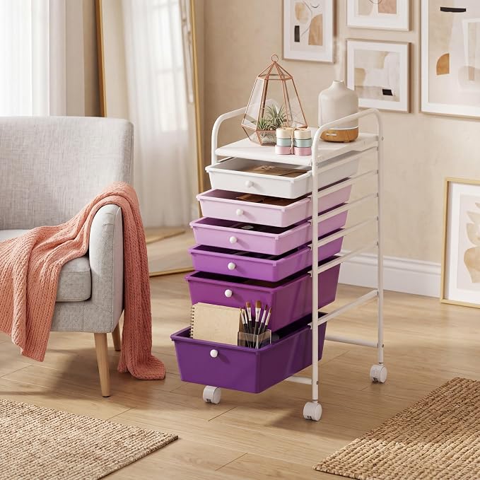 COSTWAY 6-Drawer Rolling Storage Cart, Art Craft Tools Organizer on Wheels | Multifunctional Heavy Duty Utility Mobile Storage Trolley w/ 2 Lockable Wheels for Home Office School (Purple Gradient) - Image 9