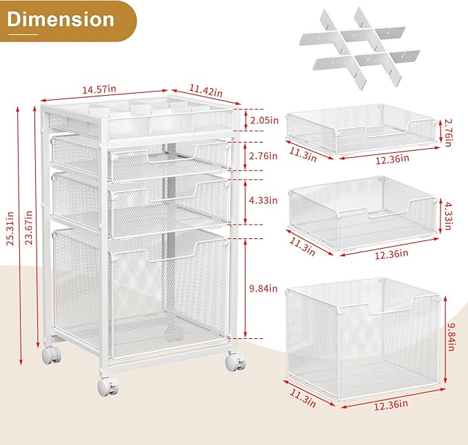 Rolling File Cart with 3 Storage Drawers, Under Desk Organizer with DIY Divider, Moblie Filing Cabinet on Wheels, Fits A4/Letter Size, Metal Utility Cart for Home Office, White - Image 7