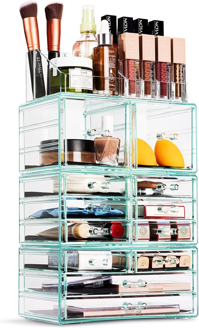 Sorbus Large Makeup Organizer - Clear Stackable Jewelry & Makeup Organizer For Vanity, Bathroom Storage, Dresser - 12 Drawers Cosmetic Beauty Organizers and Storage with Lipstick, Makeup Brush Holder - Image 8