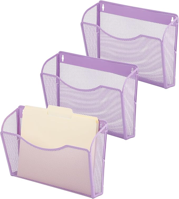 3 Single Pocket Mesh Hanging File Organizer, Vertical Wall Mounted Magazine File Holder, Mount Basket Mail Paper Document Folder Organizing for Office, Home and School, Light Purple - Image 8