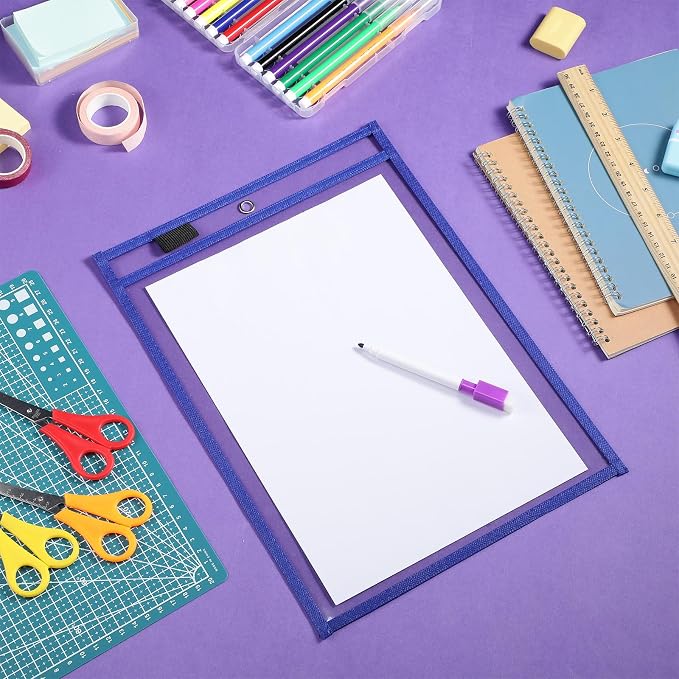 Nezyo Dry Erase Pockets Plastic Job Ticket Holders Shop Holder Order Pockets Clear Sleeves Tickets Folders Plastic Sleeves Paper Teacher Supplies for Classroom (14 x 10 in,Blue,12 Pcs) - Image 6