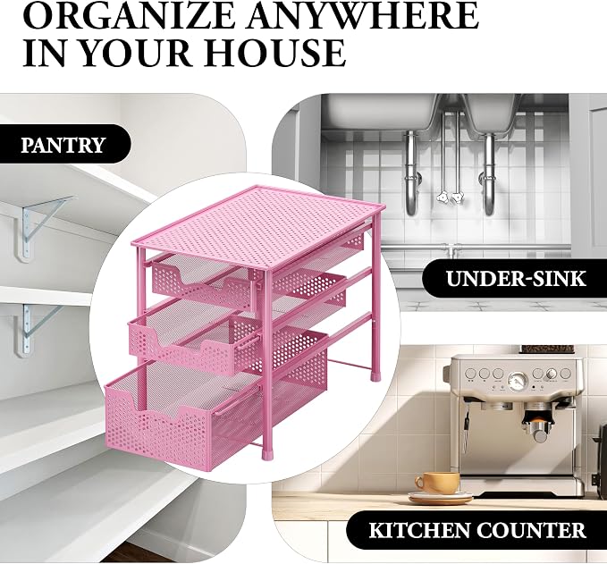 Simple Houseware Stackable 3 Tier Sliding Basket Organizer Drawer, Pink - Image 8