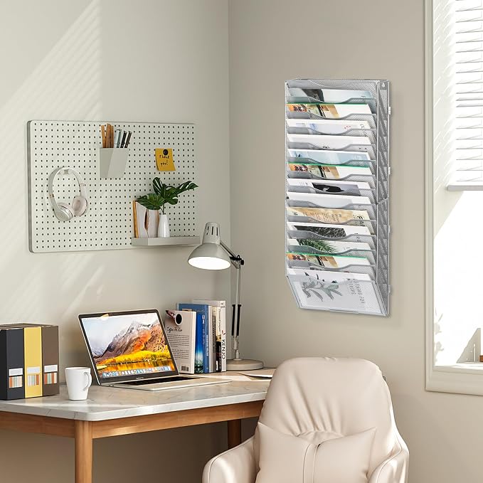 EasyPAG Wall File Organizer for Office 14 Pocket Mesh Wall Mounted Paper Organizer Hanging Folder Holder with Nametag Label for Home School, Silver - Image 9