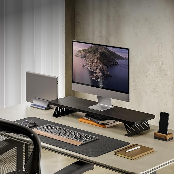 Fenge Monitor Stand Riser, Wooden & Metal Desk Shelf Organizer, Black | 31.5in Computer Stand, Single Monitor Setup, for Compact Work Station, Multifunctional Monitor Shelf for Laptop, PC, Printer - Image 9