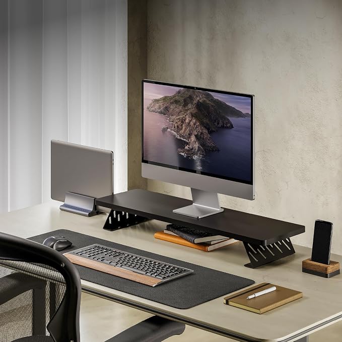 Fenge Monitor Stand Riser, Wooden & Metal Desk Shelf Organizer, Black | 31.5in Computer Stand, Single Monitor Setup, for Compact Work Station, Multifunctional Monitor Shelf for Laptop, PC, Printer - Image 9