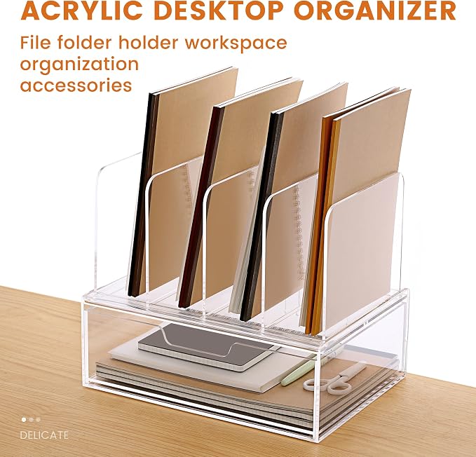 HeZone Desk Organizers and Accessories, Acrylic Desk Organizer with Drawer, Office Supplies Organization Storage, Clear Acrylic File Organizer for Desk - 1 Pack - Image 8