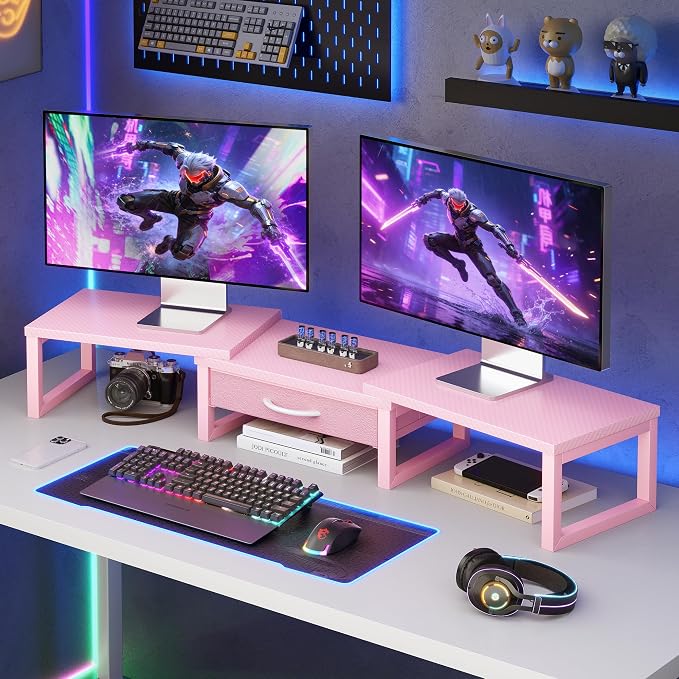 Desk Organizers and Accessories, Dual Monitor Stand Riser with Drawer, Computer Monitor Stand, Adjustable Desk Shelf for PC Laptop Printer TV, Pink - Image 7