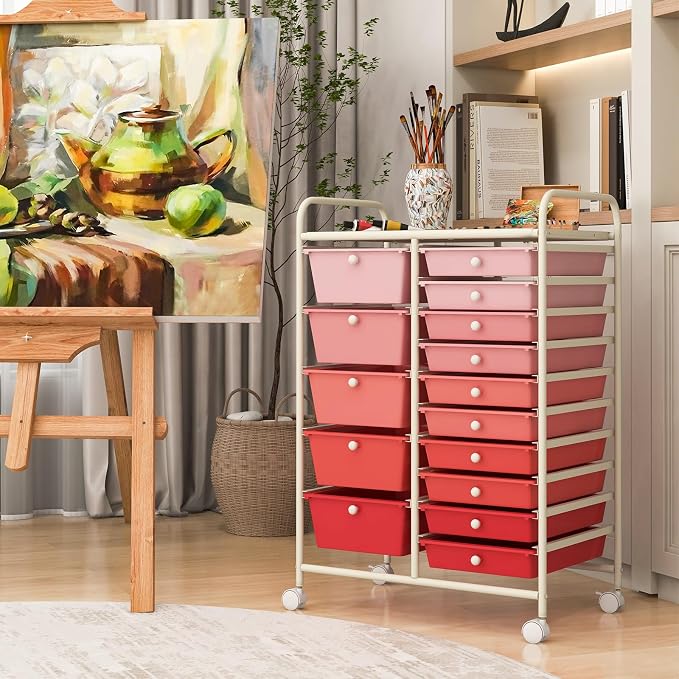 COSTWAY 15 Drawer Rolling Storage Cart, Mobile Storage Organizer | Removable Drawers & Metal Frame, Multipurpose Utility Tools Paper Organizer on Wheels for Home, Office (Mixed Pink) - Image 7