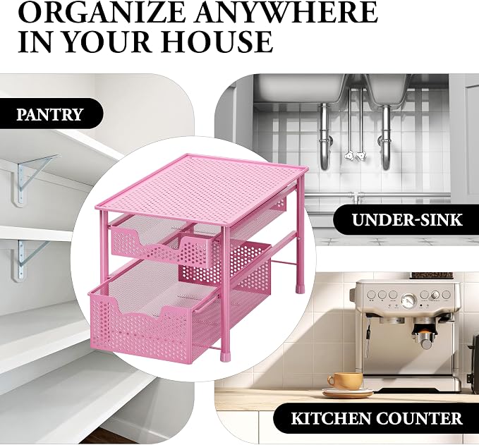 Simple Houseware Stackable 2 Tier Sliding Basket Organizer Drawer, Pink - Image 8