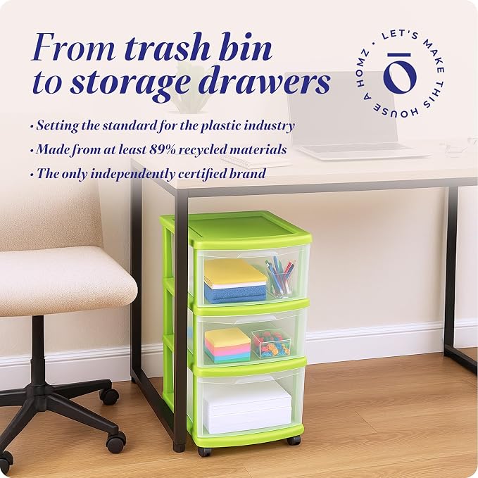 HOMZ Drawer Tower, 3-Tier Clear Plastic Storage Organizer Cart, Bold Lime Frame - Rolling Drawer Containers with Wheels for Bathroom, Bedroom, Office, and Classroom Organization - Image 7