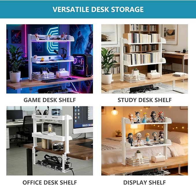 Clamp on Desk Shelf,3 Tier Desktop Organizer,Adjustable Clamp on Desk Top Organizer with Under Desk Hidden Storage Basket&Hooks,No Drilling Desk Clamp Storage Shelves for Working Gaming Accessories - Image 8
