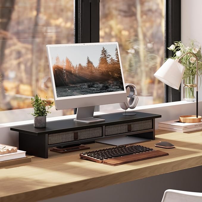 Fenge 35 Inch Monitor Stand with Drawer Storage, Computer Riser for Desk | Wooden Computer Shelf, 2 Tiers, for Dual Monitor/Laptop/PC/TV/Printer up to 55Lbs, Home Office Desk Organizer - Image 9