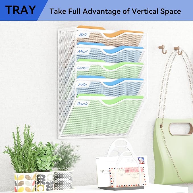 5 Pockets Hanging Wall File Organizer Mail Holder, Wall Mounted Paper Document Folder Holder, Clipboard Storage Organization Magazine Rack, White - Image 7