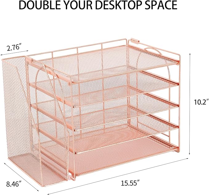 AUPSEN Rose Gold Desk Organizers and Accessories, 5-Tier Desktop Paper File Organizer with Removable File Holder, Desk Accessories & Workspace Organization for Home Office Supplies (Rose Gold) - Image 7