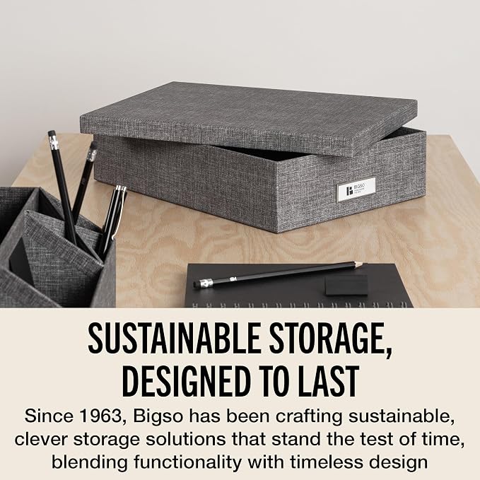 Bigso Oskar Canvas Fiberboard Document Letter Box for Important Paperwork A4 or Letter Size - Durable Keepsake Box with Lid and Metal Label Holder - 3.3in x 10.2in x 13.8in - Melange Grey - 3 Pack - Image 7